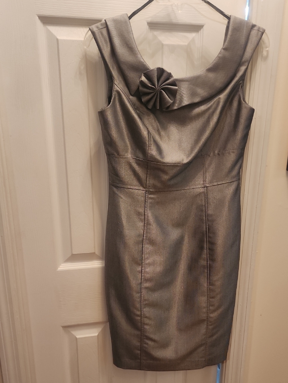 Calvin Klein Metallic Silver Sleeveless Sheath Dress with Rosette